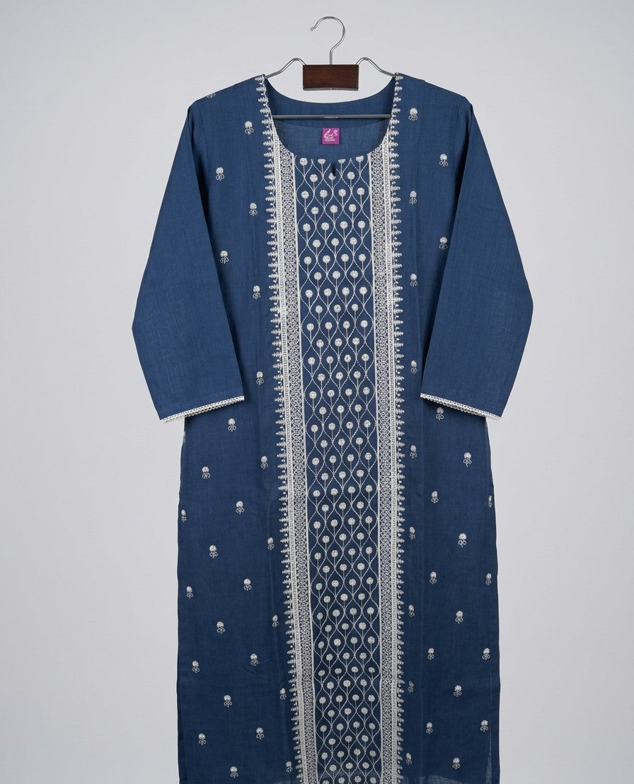 Elegant Navy Blue Embroidered Cotton Kurta Set with Dupatta