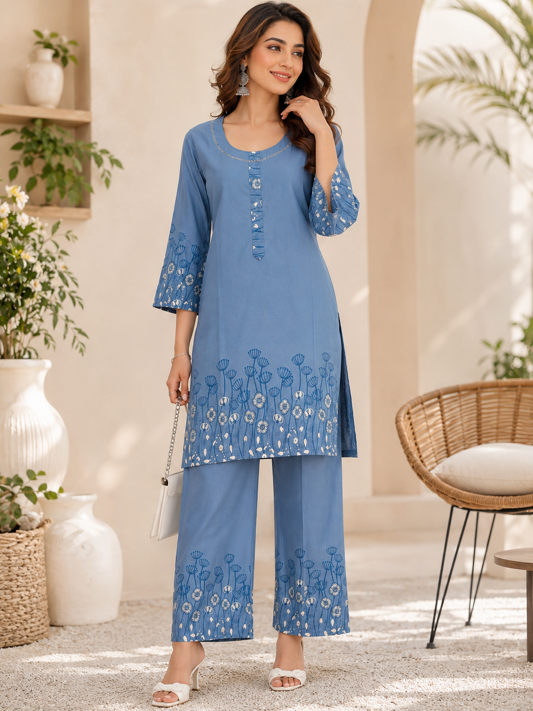 Elegant Sky Blue Rayon Cotton Coord Set