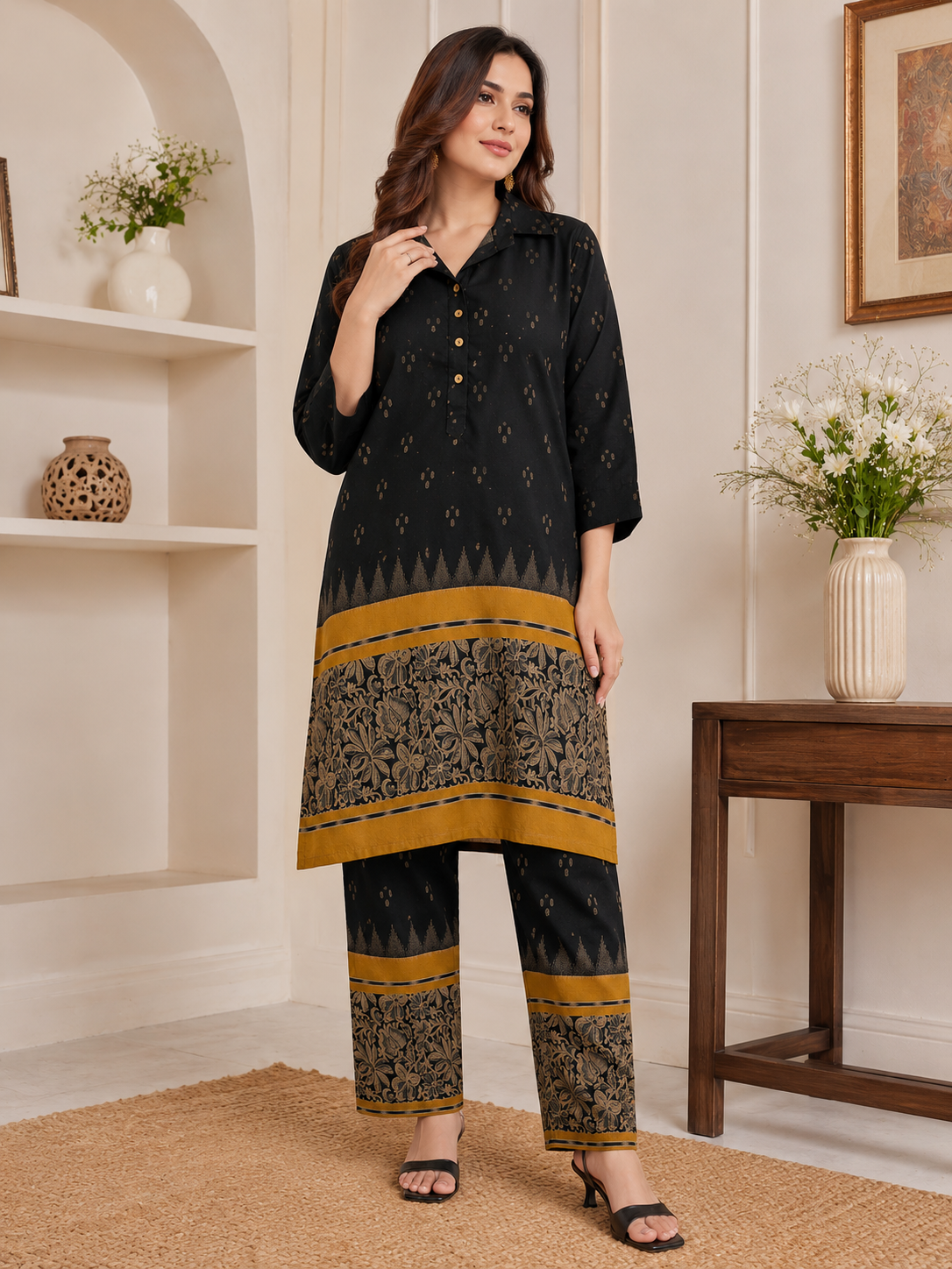 Elegant Black Khadi Cotton Coord Set