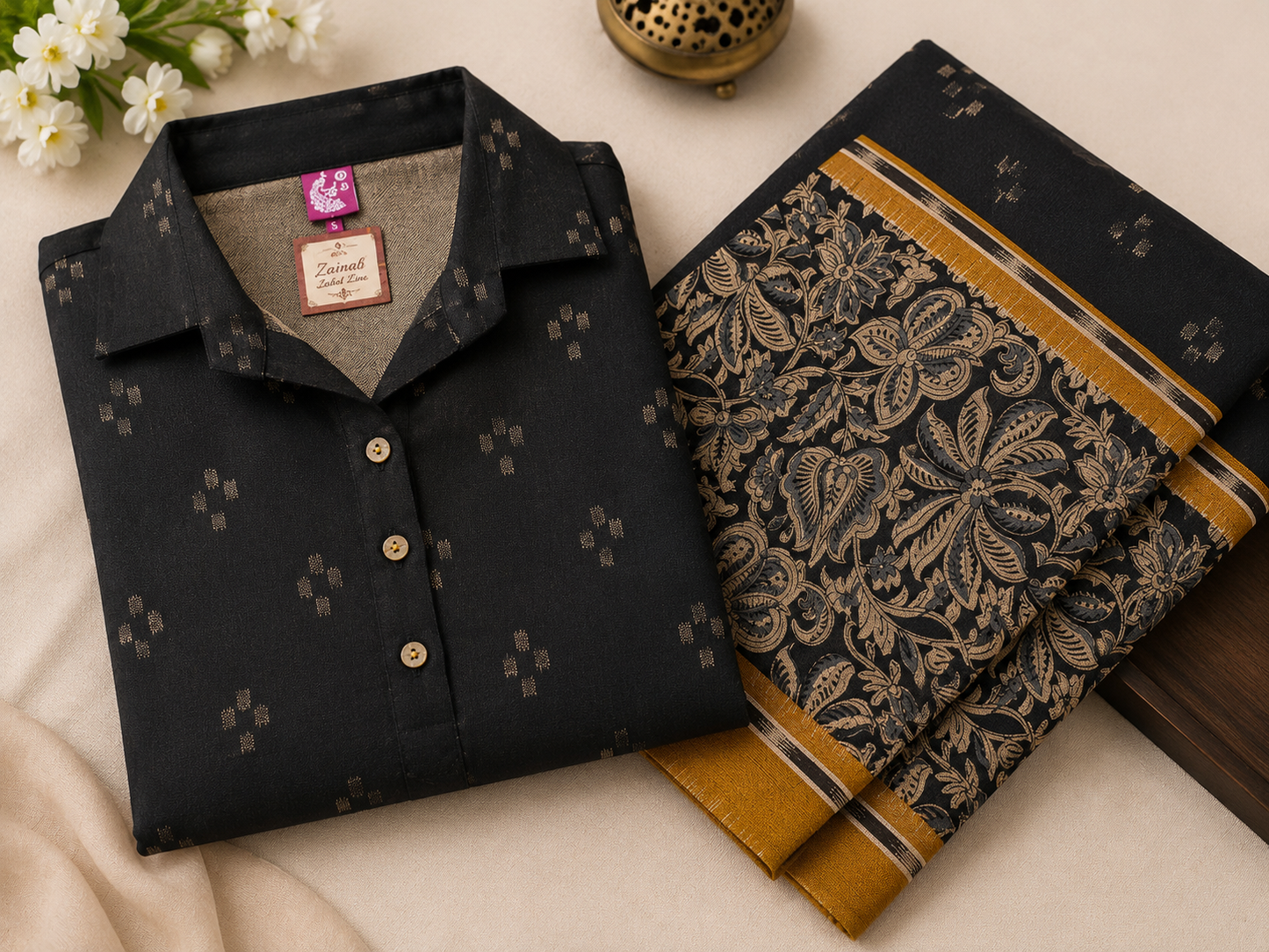 Elegant Black Khadi Cotton Coord Set