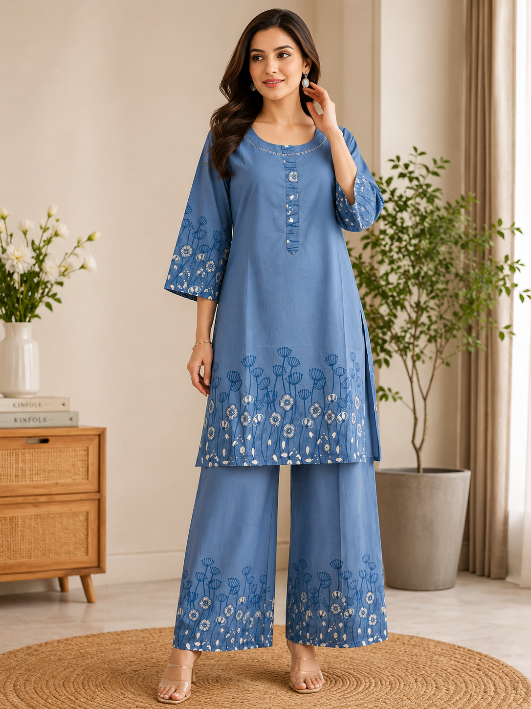 Elegant Sky Blue Rayon Cotton Coord Set