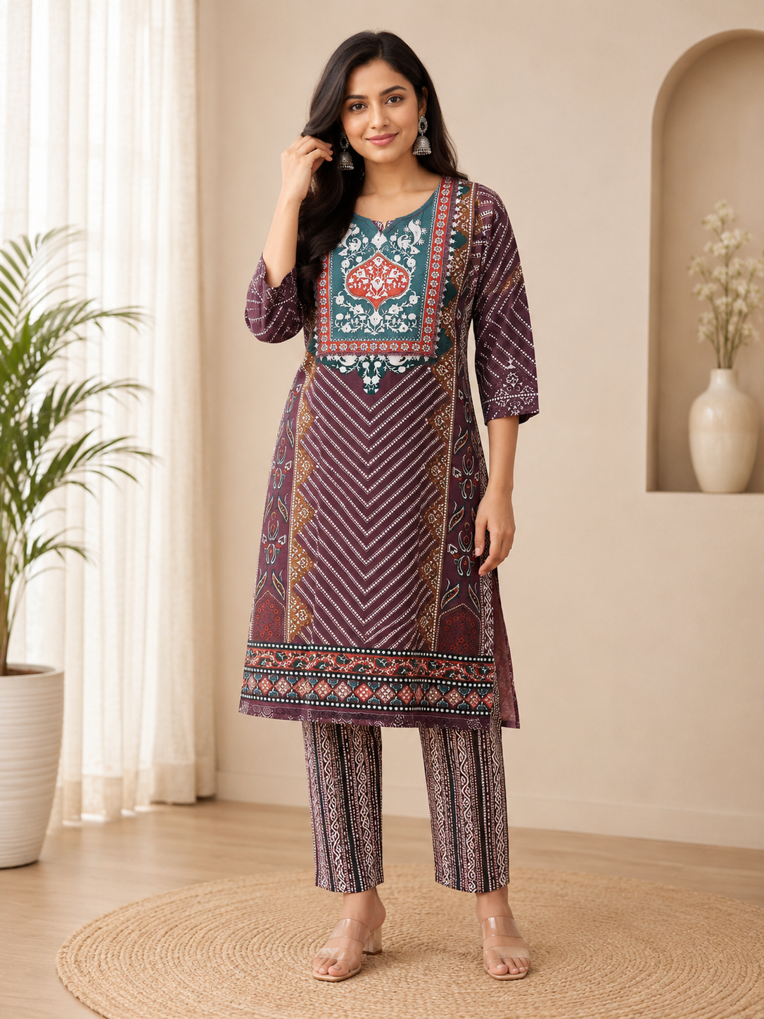 Elegant cotton Plum Wine kurti suit set