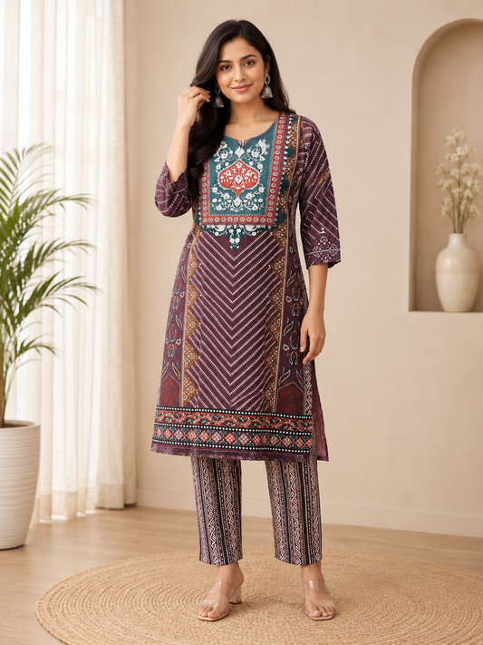Elegant cotton Plum Wine kurti suit set