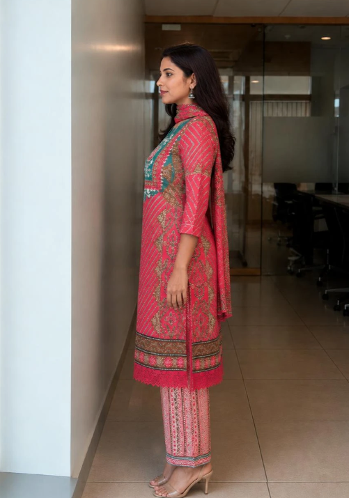 Deep Plum Bandhani Chevron Printed Kurta Set
