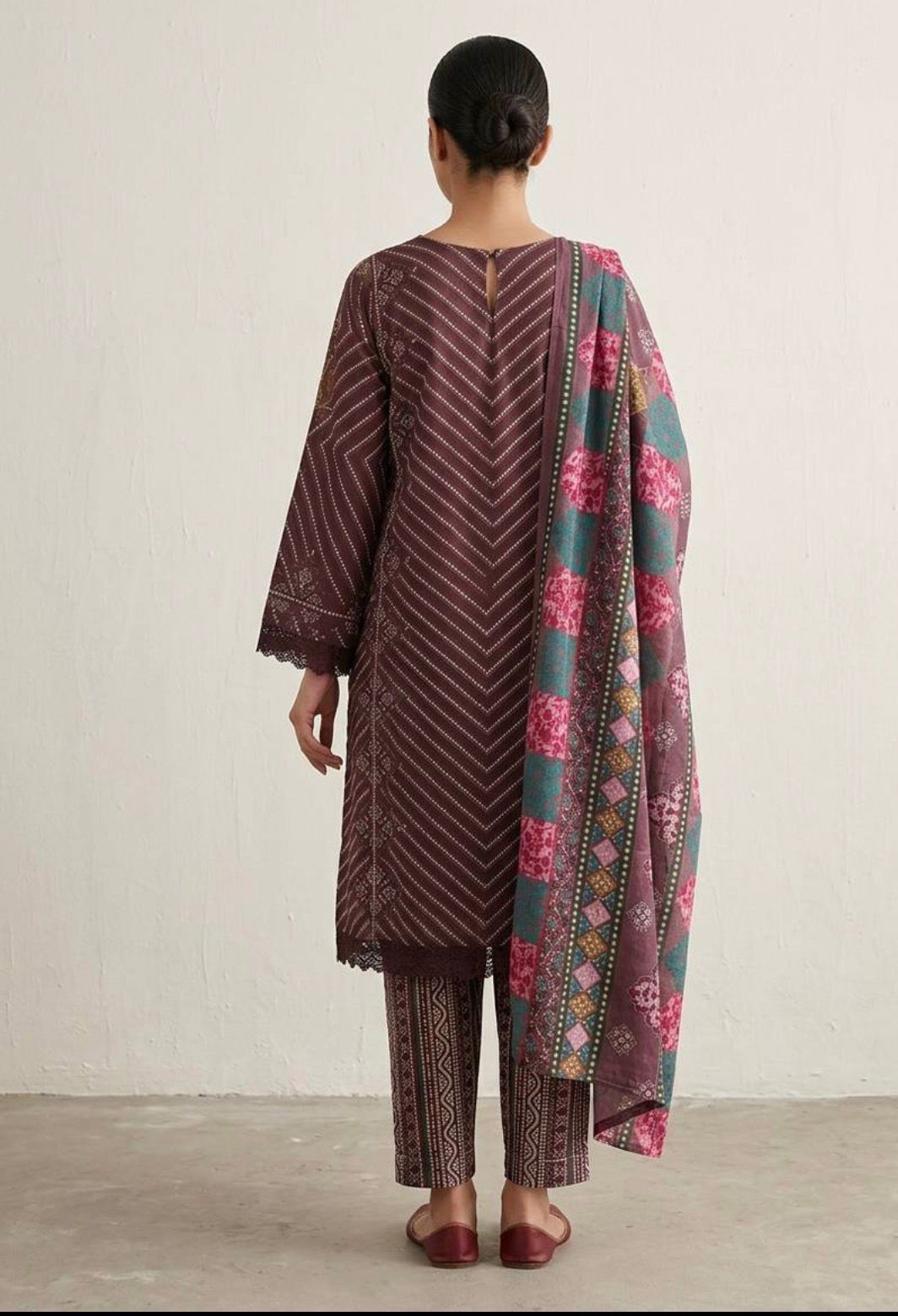 Deep Plum Bandhani Chevron Printed Kurta Set