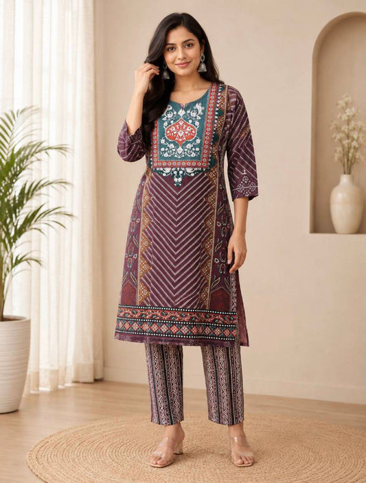 Deep Plum Bandhani Chevron Printed Kurta Set