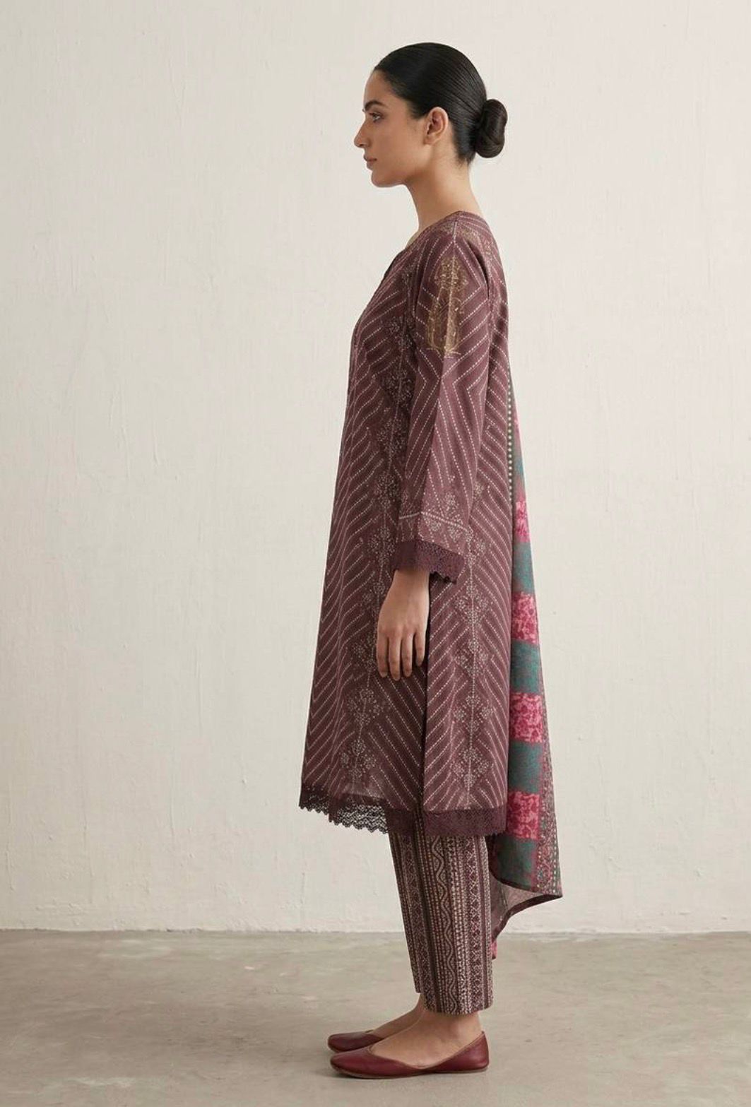 Deep Plum Bandhani Chevron Printed Kurta Set